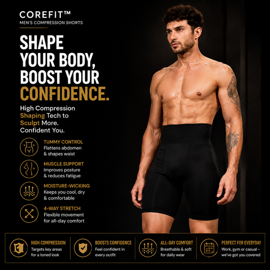 CoreFit men's high-compression shaping shorts premium hero image